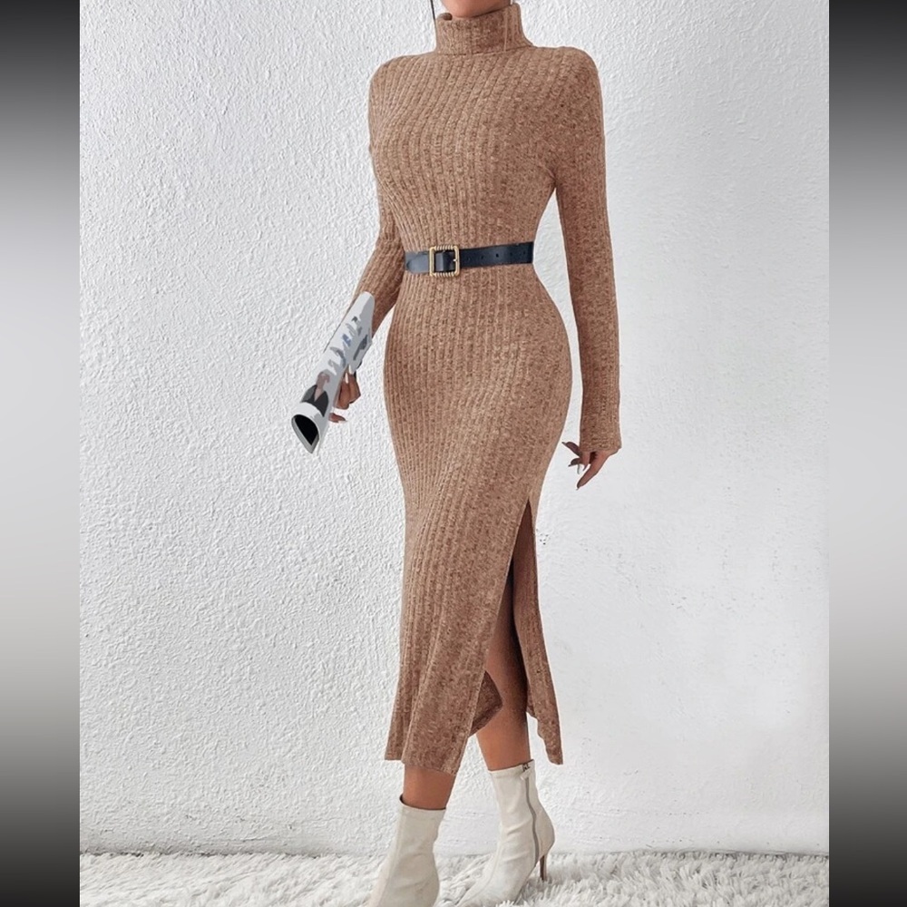 Tan Ribbed Winter Long Sleeve Sweater Dress - Picture 5 of 5